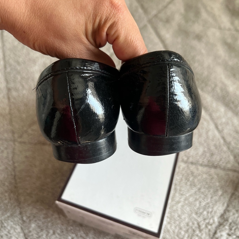 Coach Black Patent Leather Loafers with Gold Logo Medallions - Picture 5 of 11